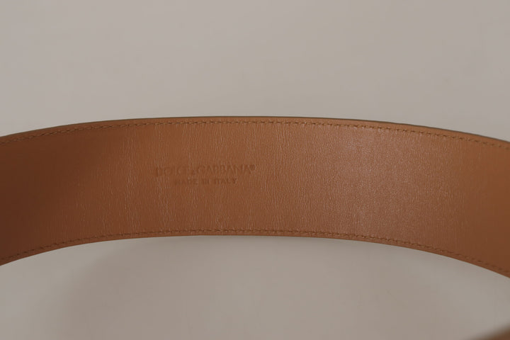 Elegant beige leather belt with engraved buckle