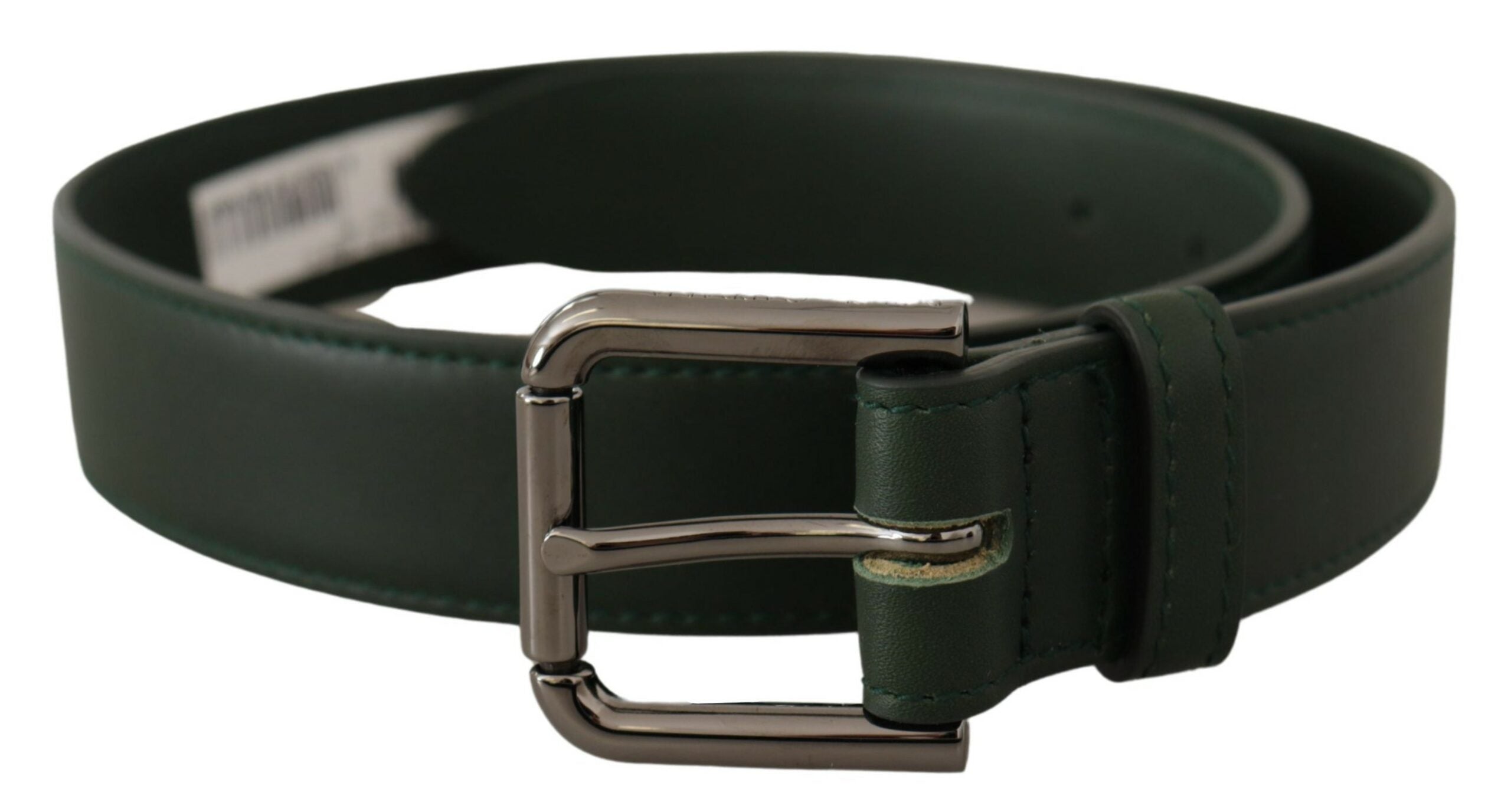 Elegant dark green leather belt with logo buckle