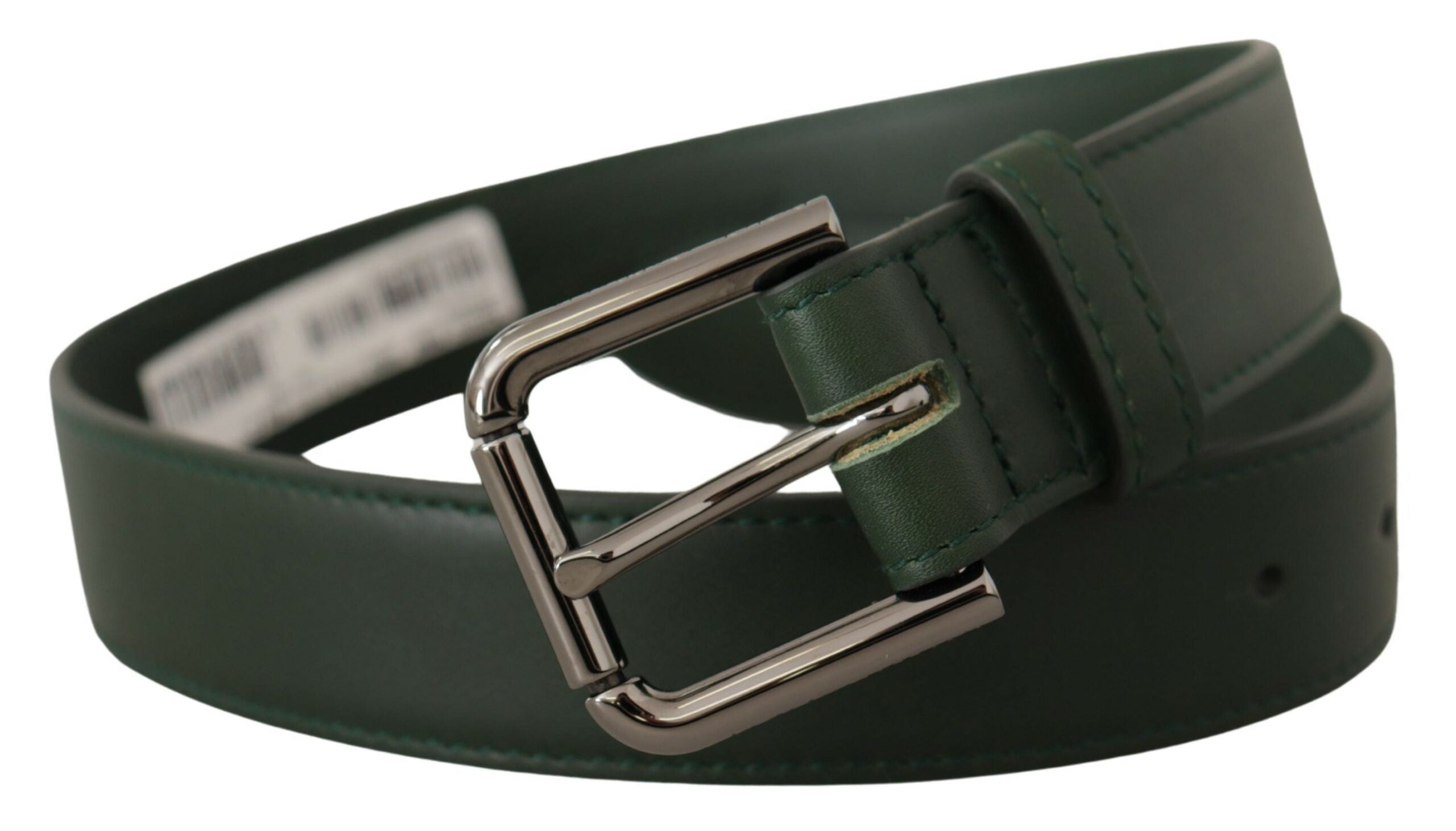 Elegant dark green leather belt with logo buckle