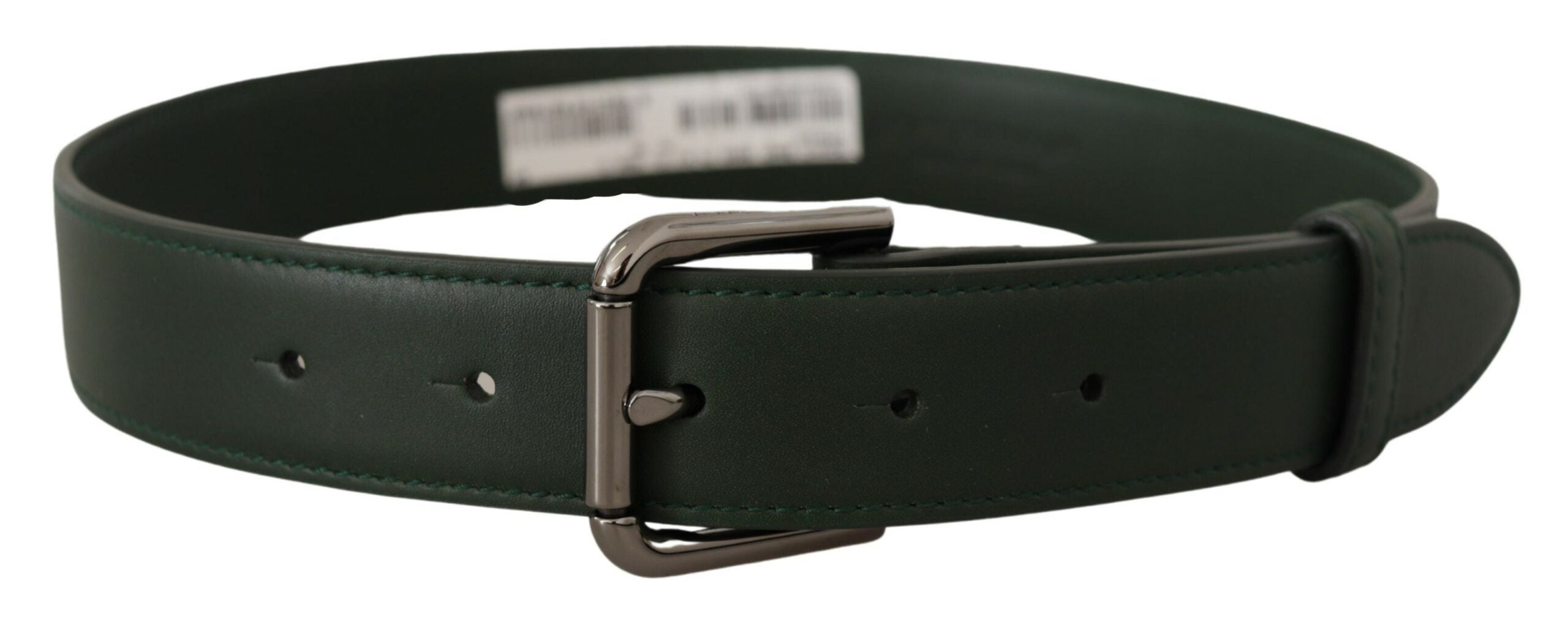 Elegant dark green leather belt with logo buckle