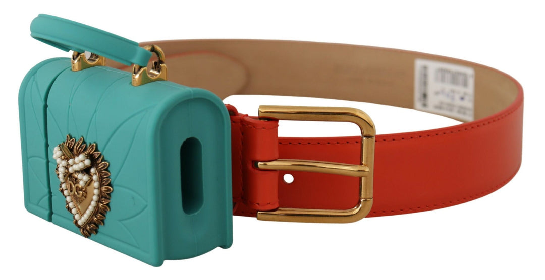 Chic orange leather belt with headphone pocket