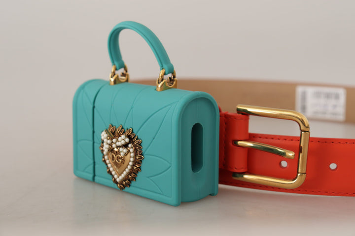 Chic orange leather belt with headphone pocket