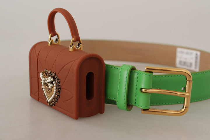 Chic emerald green leather belt with engraved buckle