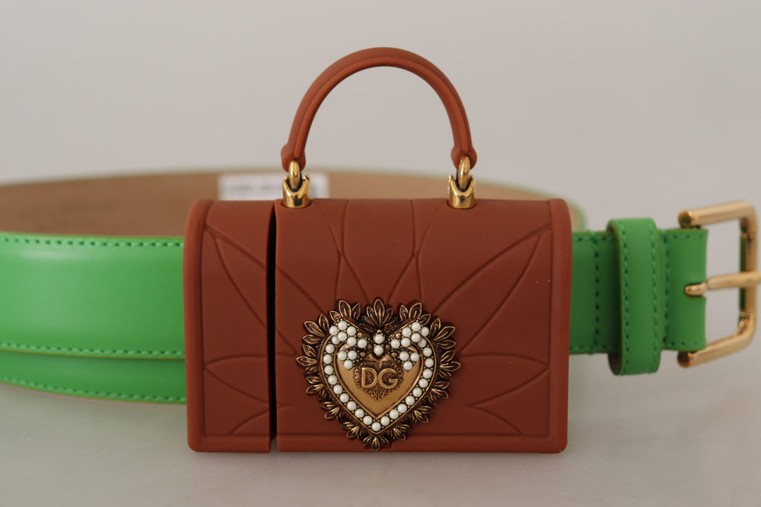 Chic emerald green leather belt with engraved buckle