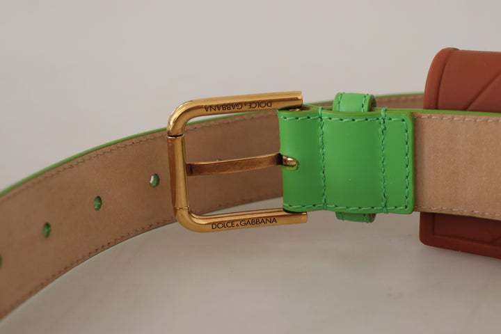 Chic emerald green leather belt with engraved buckle
