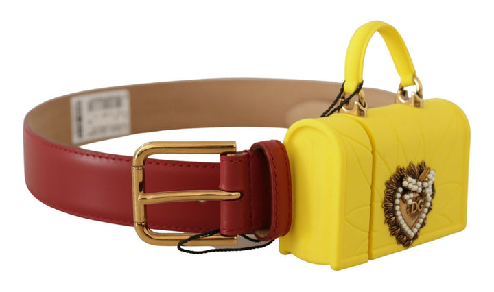 Elegant red leather belt with engraved buckle