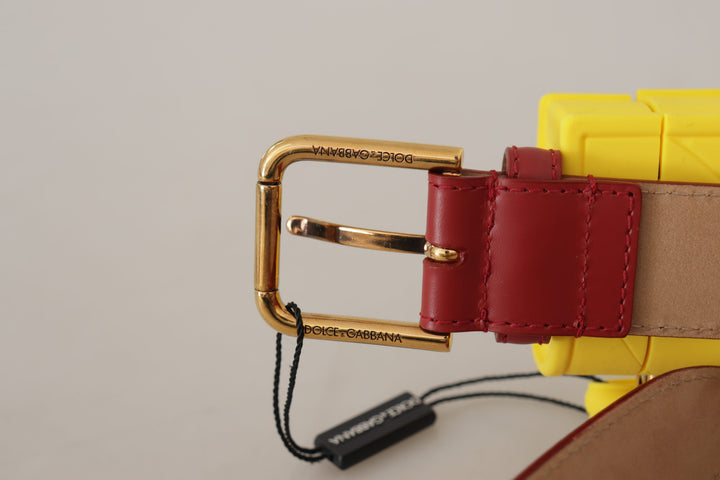Elegant red leather belt with engraved buckle
