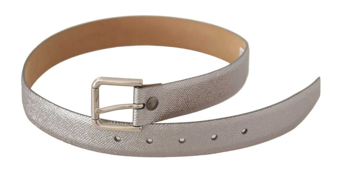 Elegant silver leather belt with engraved buckle