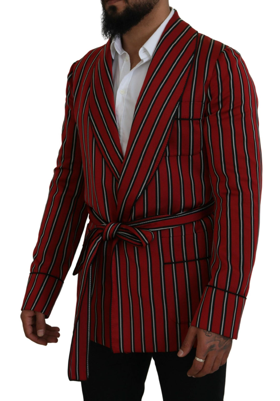 Elegant red striped long robe luxury wear