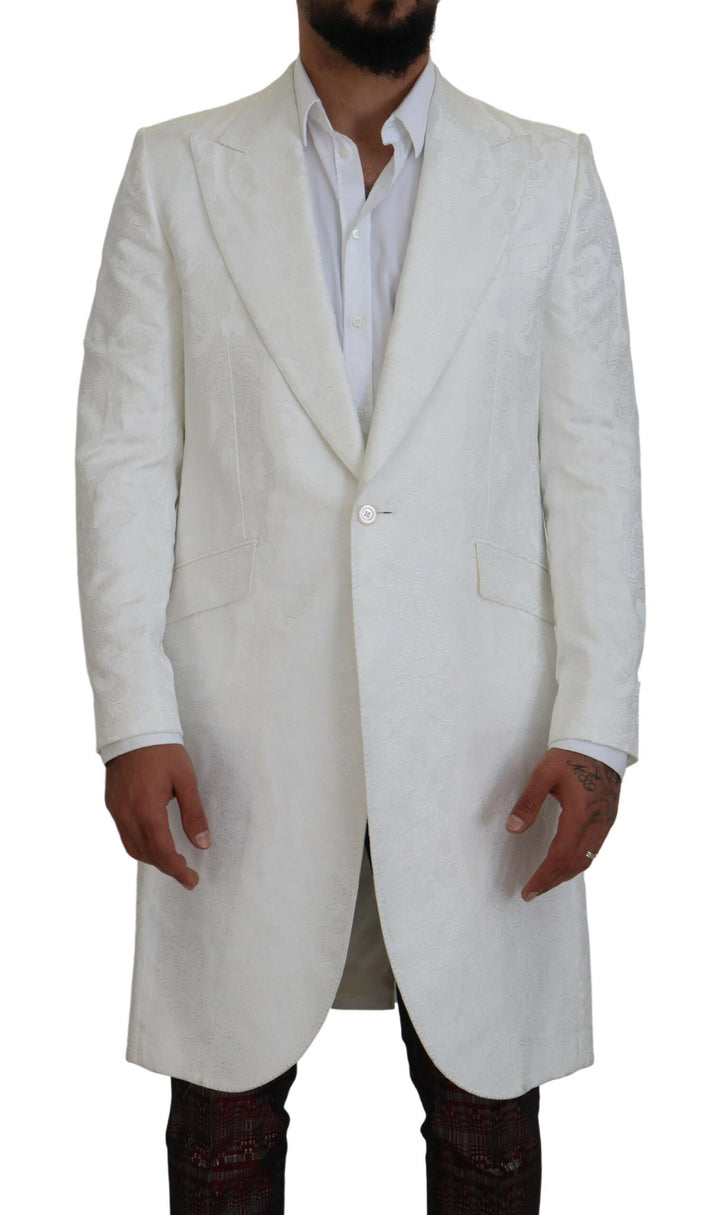 Elegant trench coat made of white floral brocade