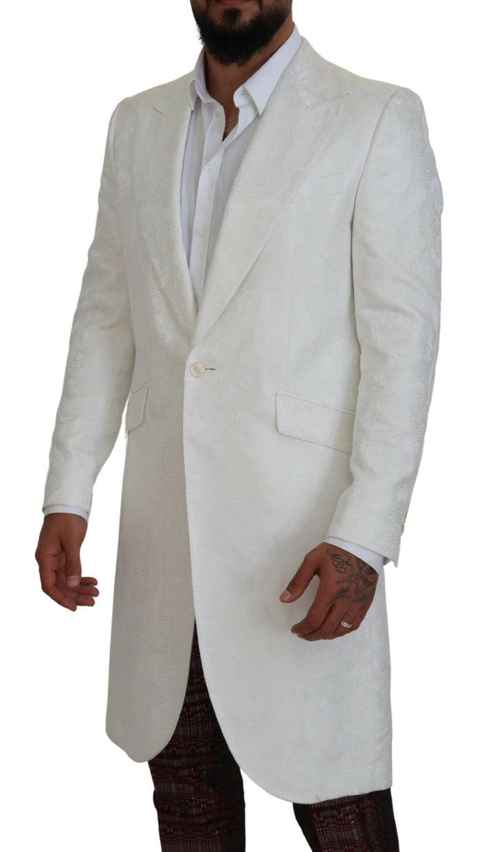 Elegant trench coat made of white floral brocade
