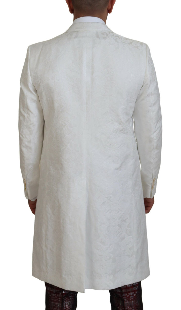 Elegant trench coat made of white floral brocade