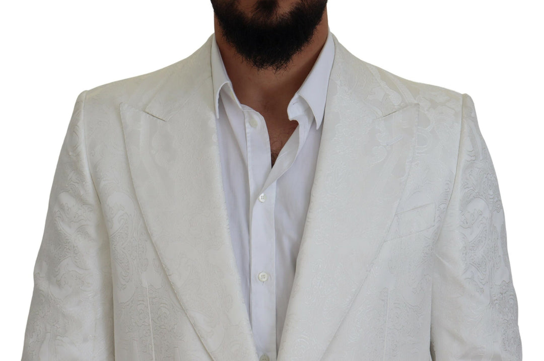 Elegant trench coat made of white floral brocade