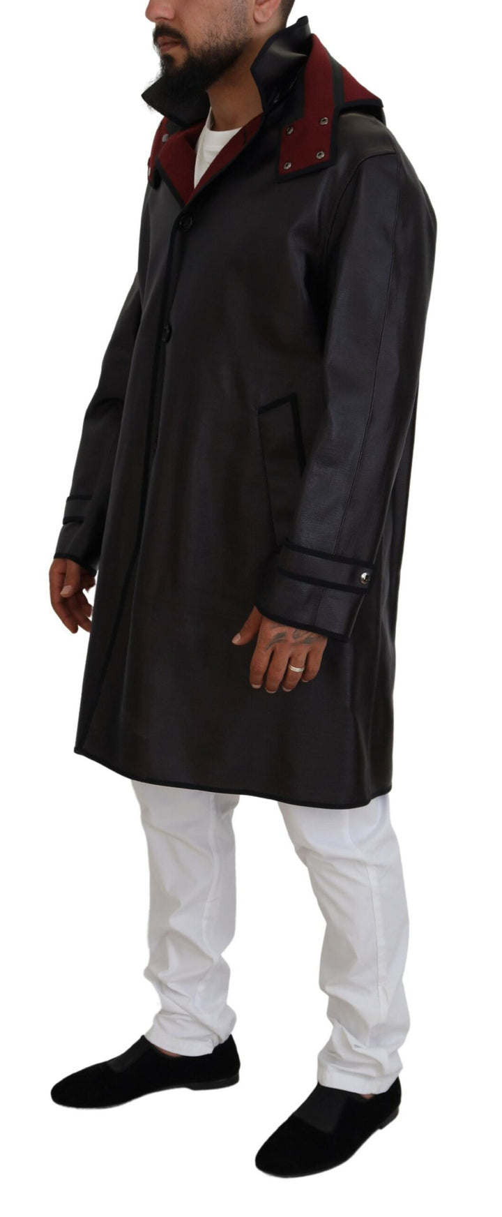Eleganter Parka-Mantel mit Kapuze in Schwarz und Bordeaux