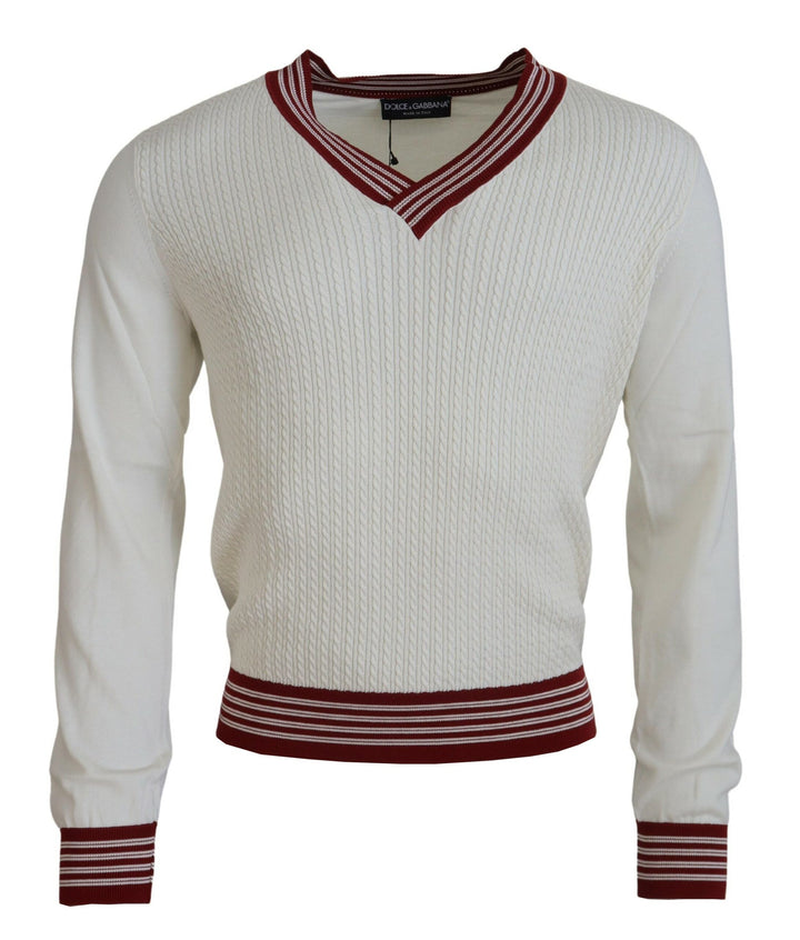 Weißer Pullover mit V-Ausschnitt aus Seide und Baumwolle
