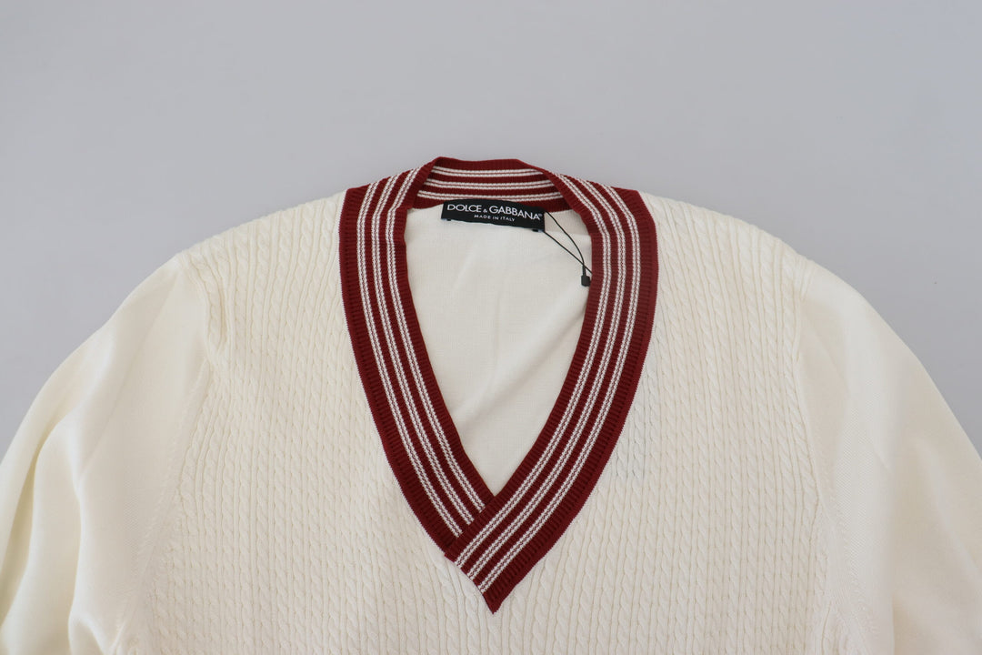 Weißer Pullover mit V-Ausschnitt aus Seide und Baumwolle