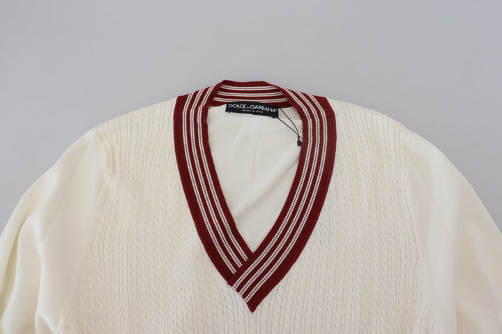 Weißer Pullover mit V-Ausschnitt aus Seide und Baumwolle
