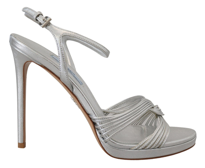 Silberne Leder-Sandalen Knöchelriemen-Absätze Stiletto