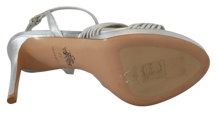 Silberne Leder-Sandalen Knöchelriemen-Absätze Stiletto