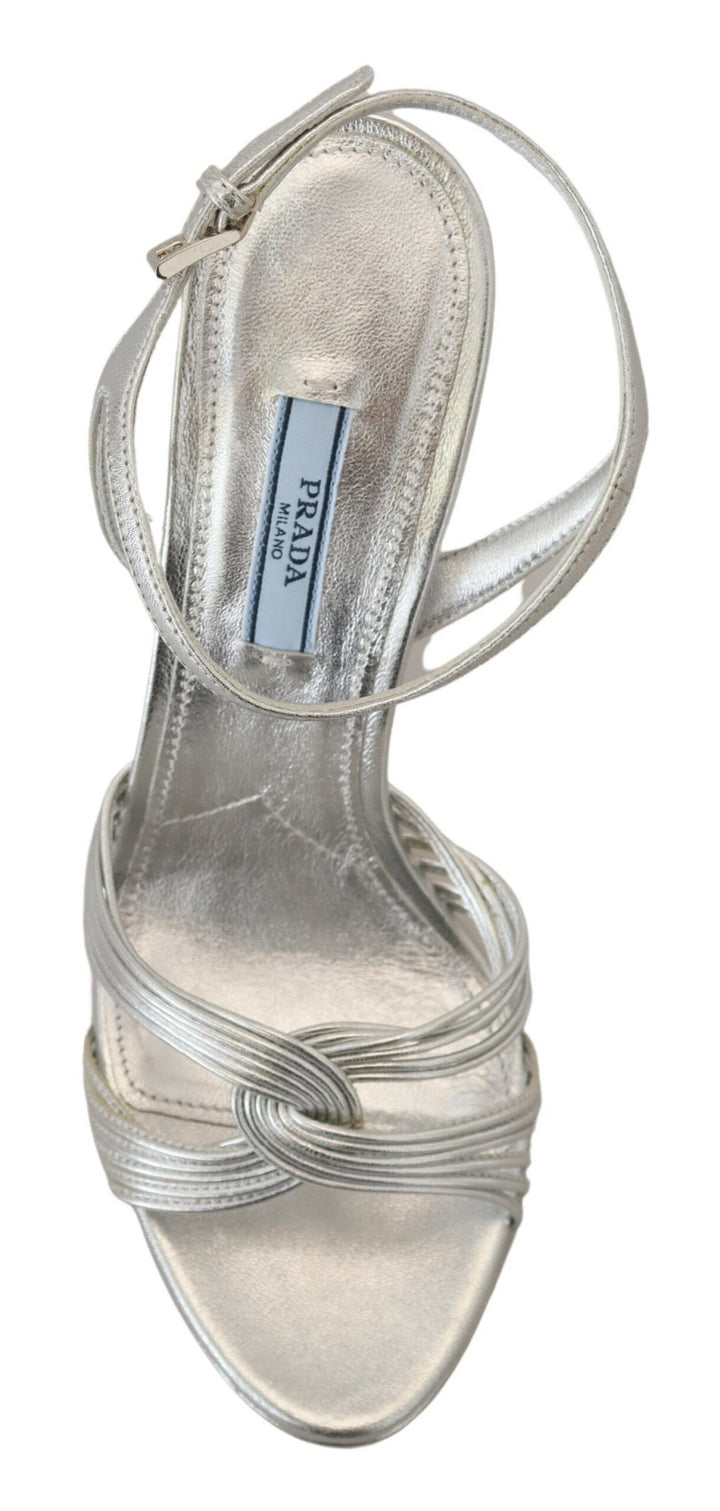 Silberne Leder-Sandalen Knöchelriemen-Absätze Stiletto