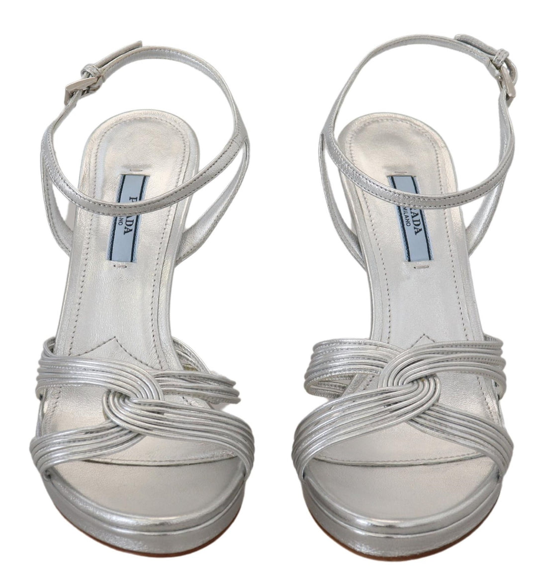 Silberne Leder-Sandalen Knöchelriemen-Absätze Stiletto