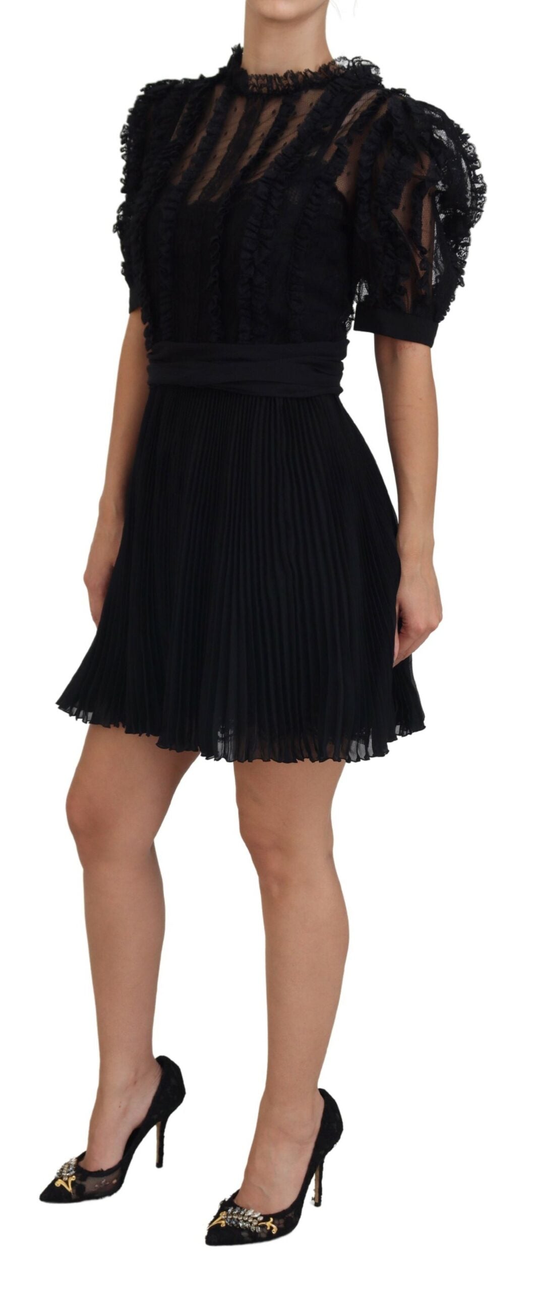 Schwarzes Mini-Nylonkleid mit Spitzenbesatz in A-Linie