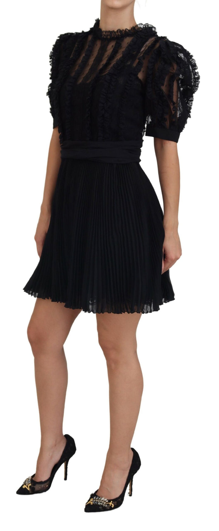 Schwarzes Mini-Nylonkleid mit Spitzenbesatz in A-Linie
