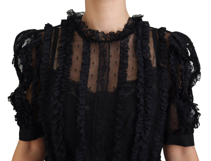 Schwarzes Mini-Nylonkleid mit Spitzenbesatz in A-Linie