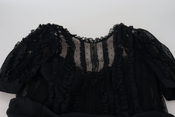 Schwarzes Mini-Nylonkleid mit Spitzenbesatz in A-Linie