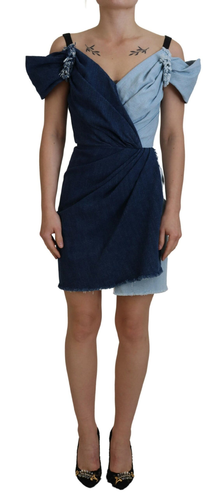 Zweifarbiges blaues Patchwork-Denim-Minikleid