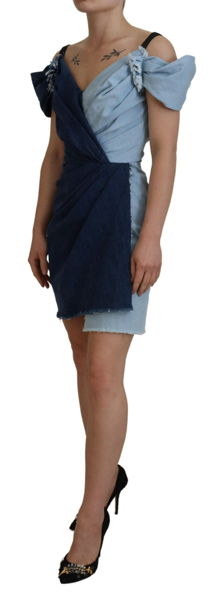 Zweifarbiges blaues Patchwork-Denim-Minikleid