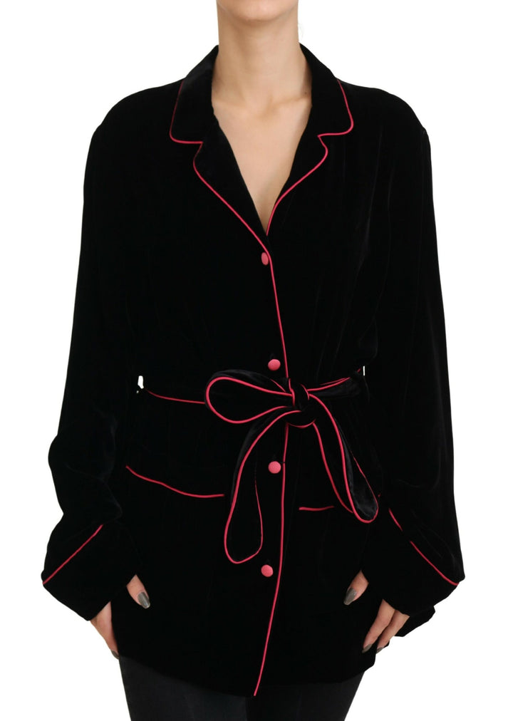 Schwarzer Blazer mit Gürtel und Knöpfen Viskosejacke