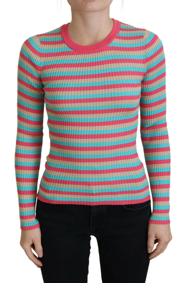 Elegant striped silk round neck sweater