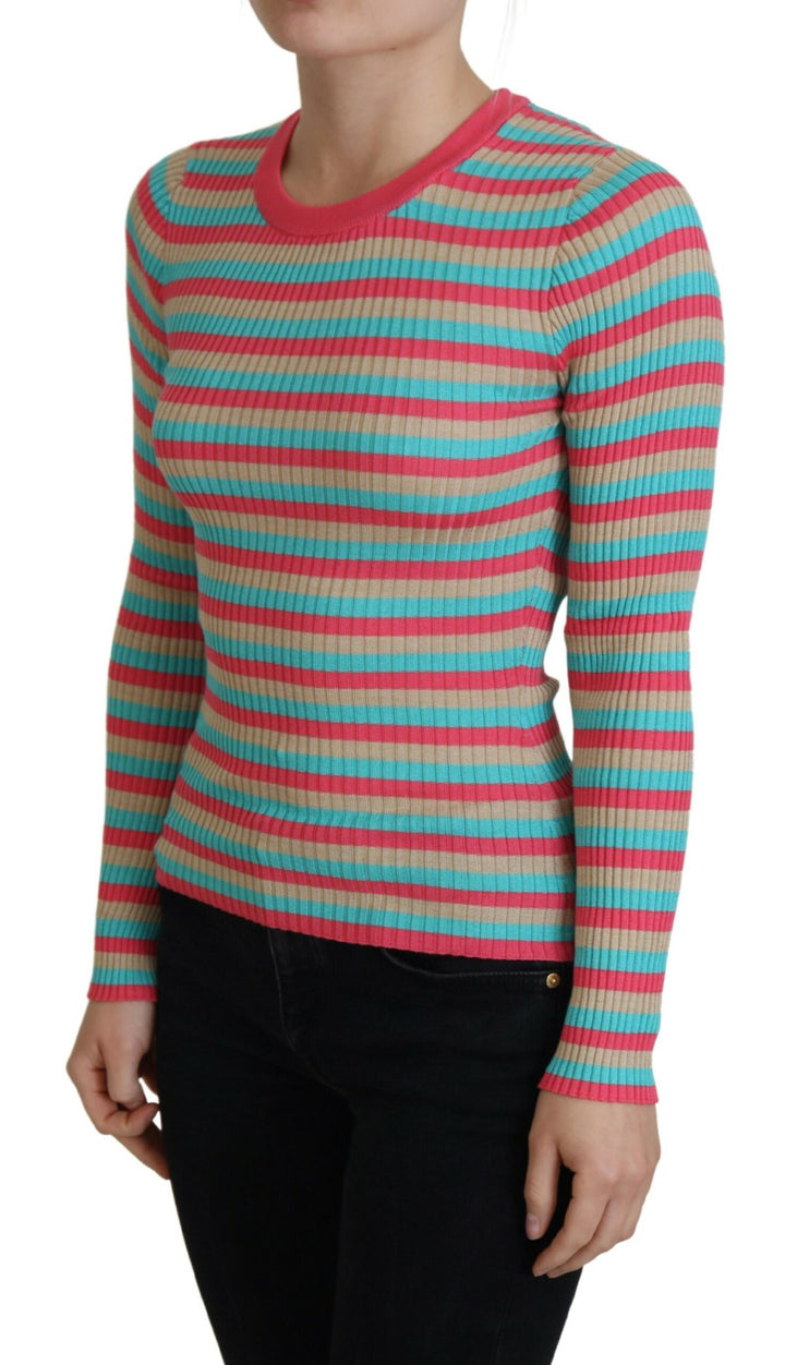 Elegant striped silk round neck sweater