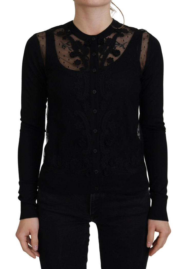 Elegant black cardigan with floral pattern and lace