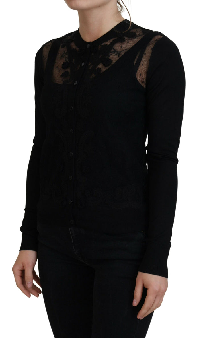 Elegant black cardigan with floral pattern and lace