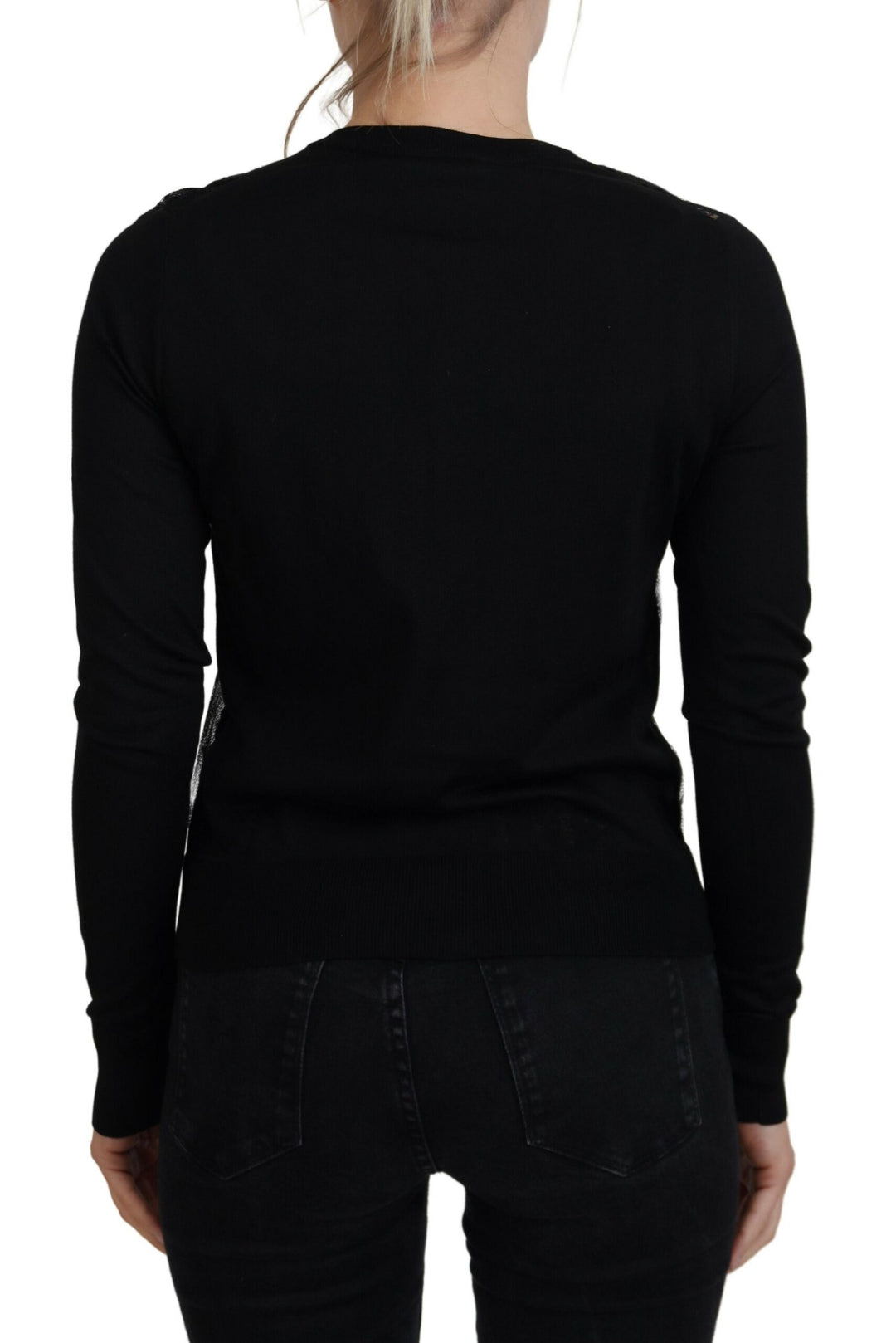 Elegant black cardigan with floral pattern and lace