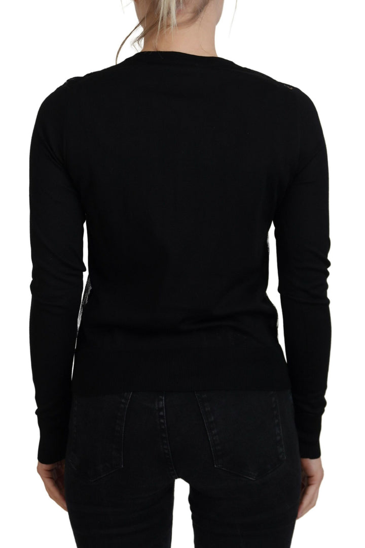 Elegant black cardigan with floral pattern and lace