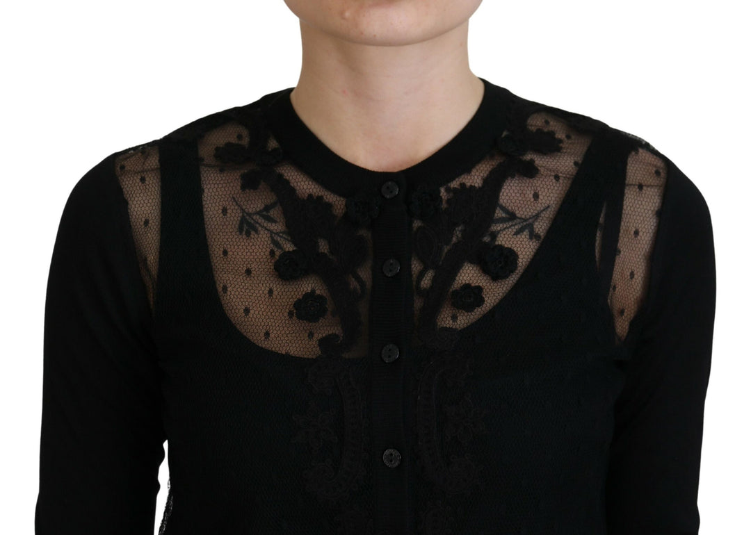 Elegant black cardigan with floral pattern and lace