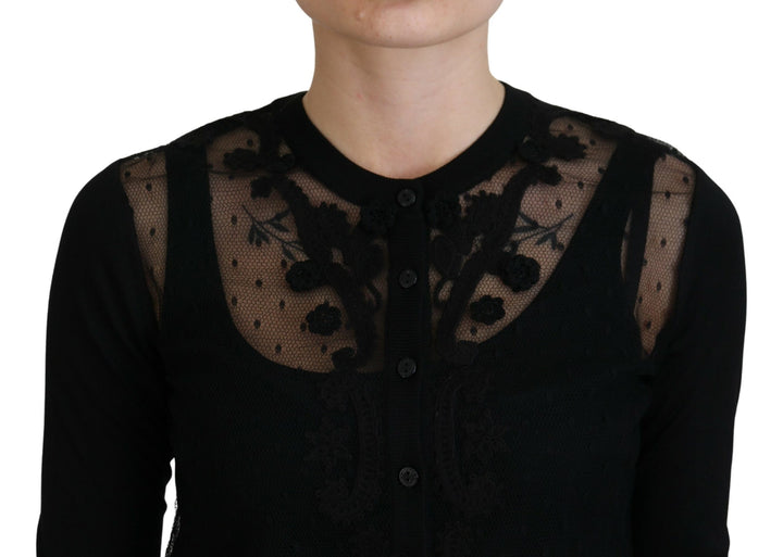 Elegant black cardigan with floral pattern and lace