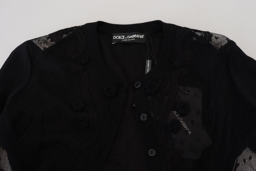 Elegant black cardigan with floral pattern and lace