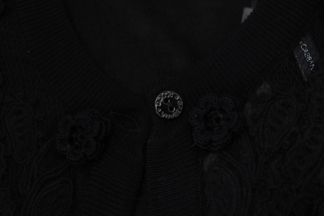 Elegant black cardigan with floral pattern and lace