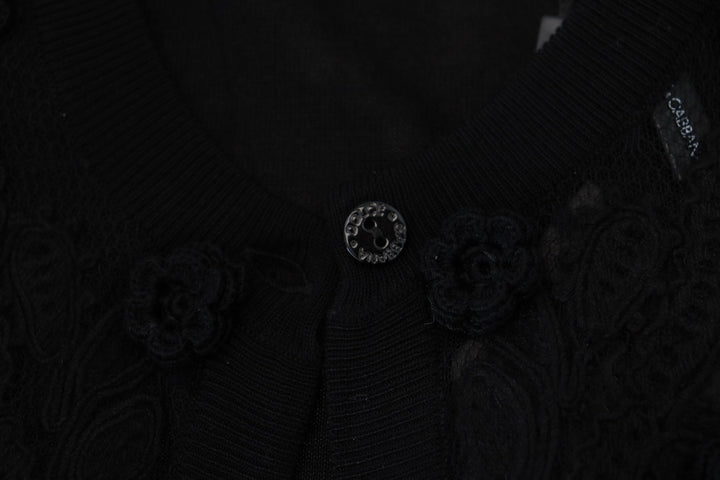Elegant black cardigan with floral pattern and lace