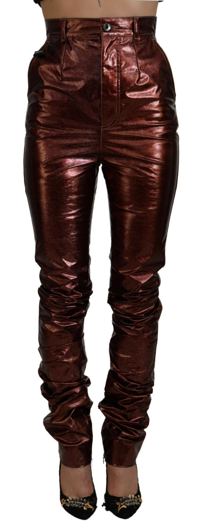 High-waisted skinny jeans in metallic bronze