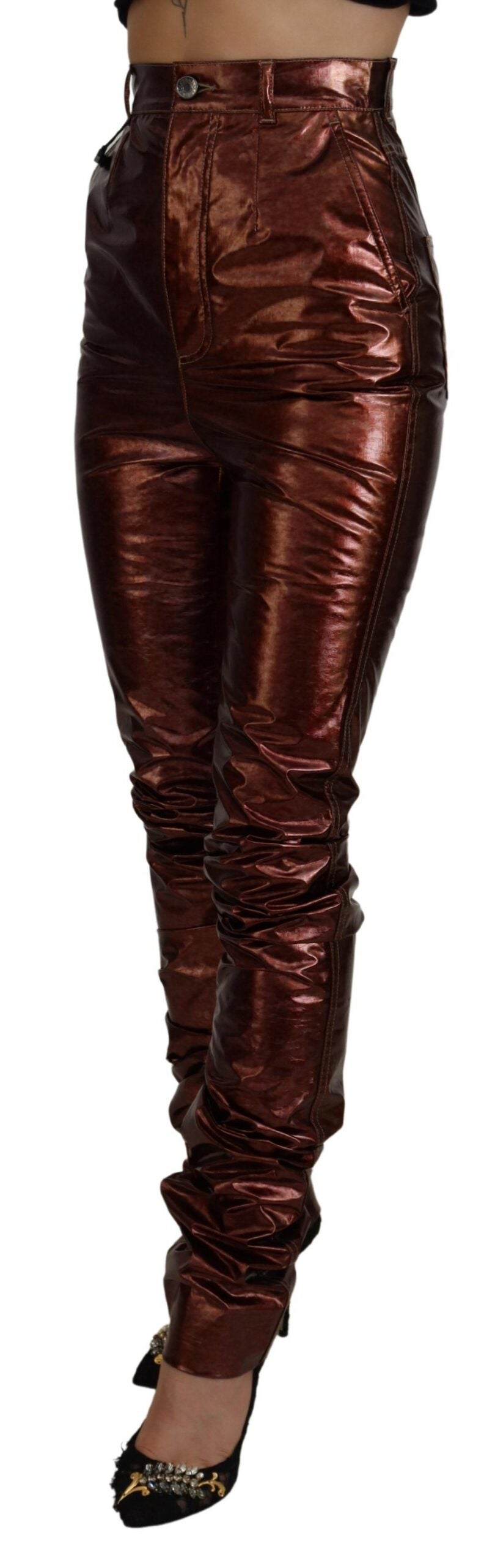 High-waisted skinny jeans in metallic bronze