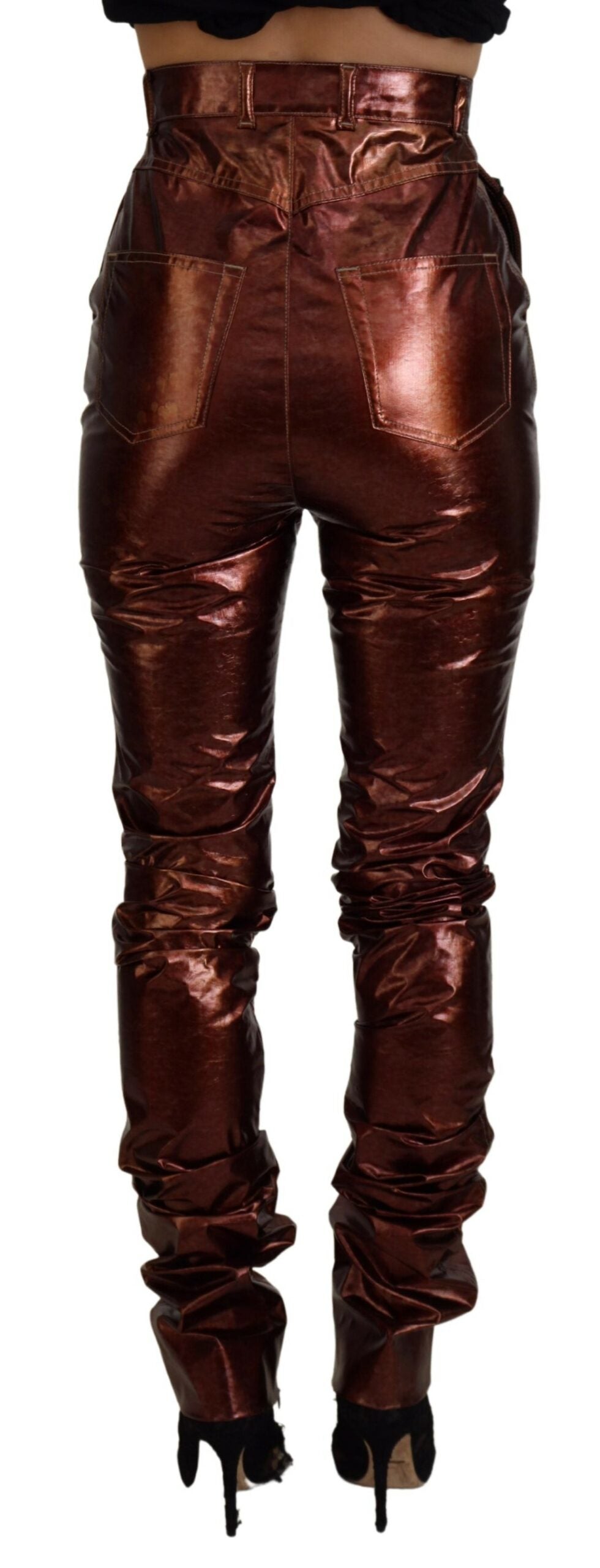 High-waisted skinny jeans in metallic bronze