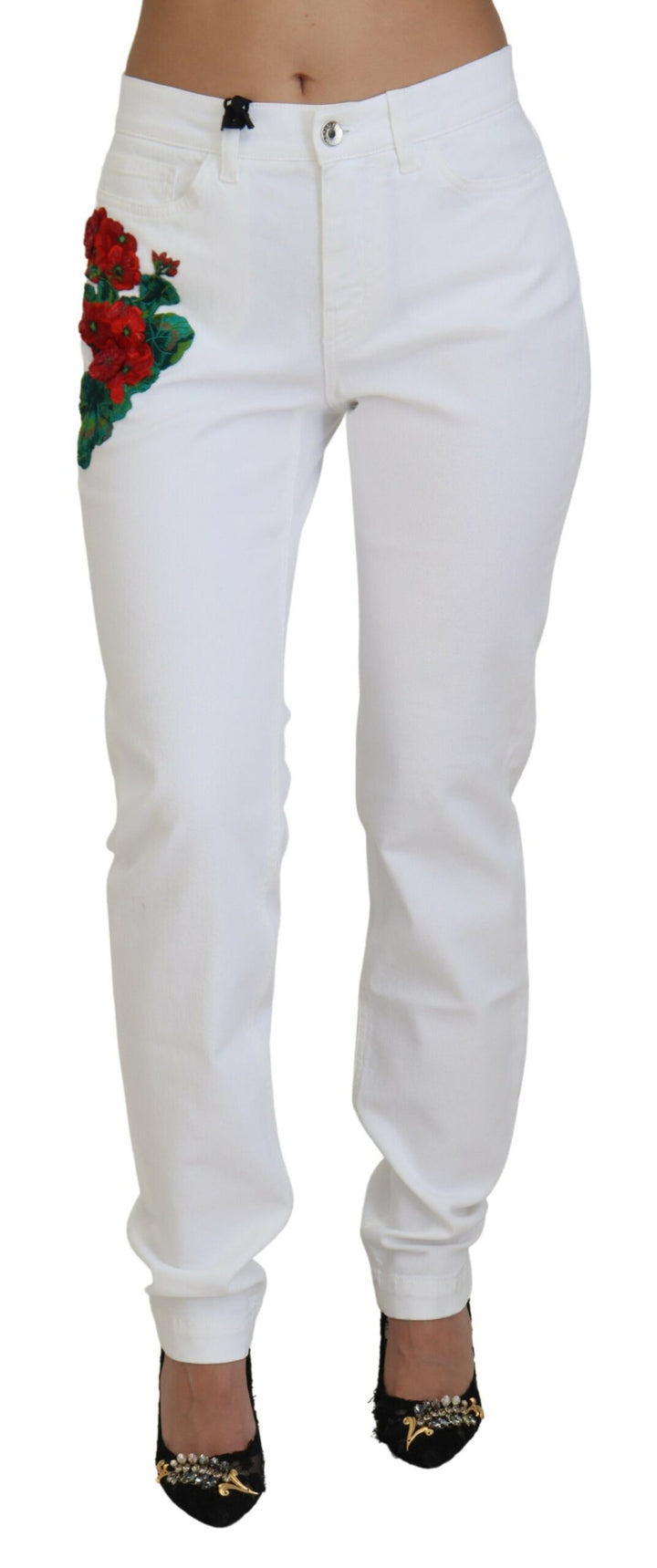 Weiße Skinny Denim-Jeans mit Blumenstickerei