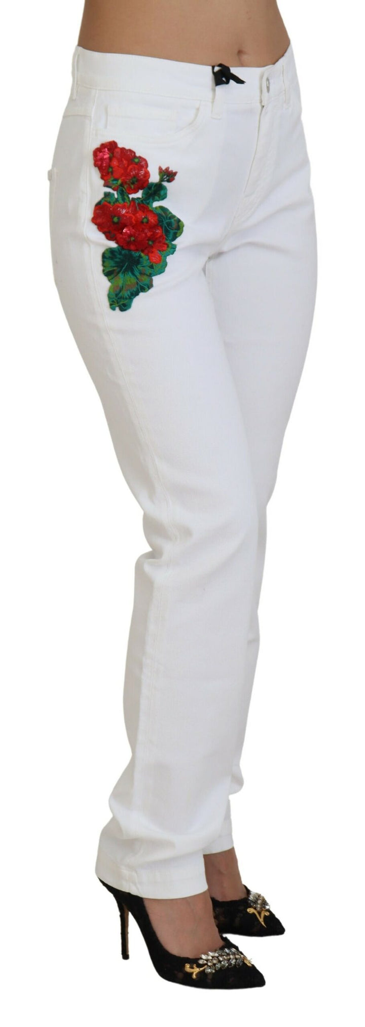 Weiße Skinny Denim-Jeans mit Blumenstickerei