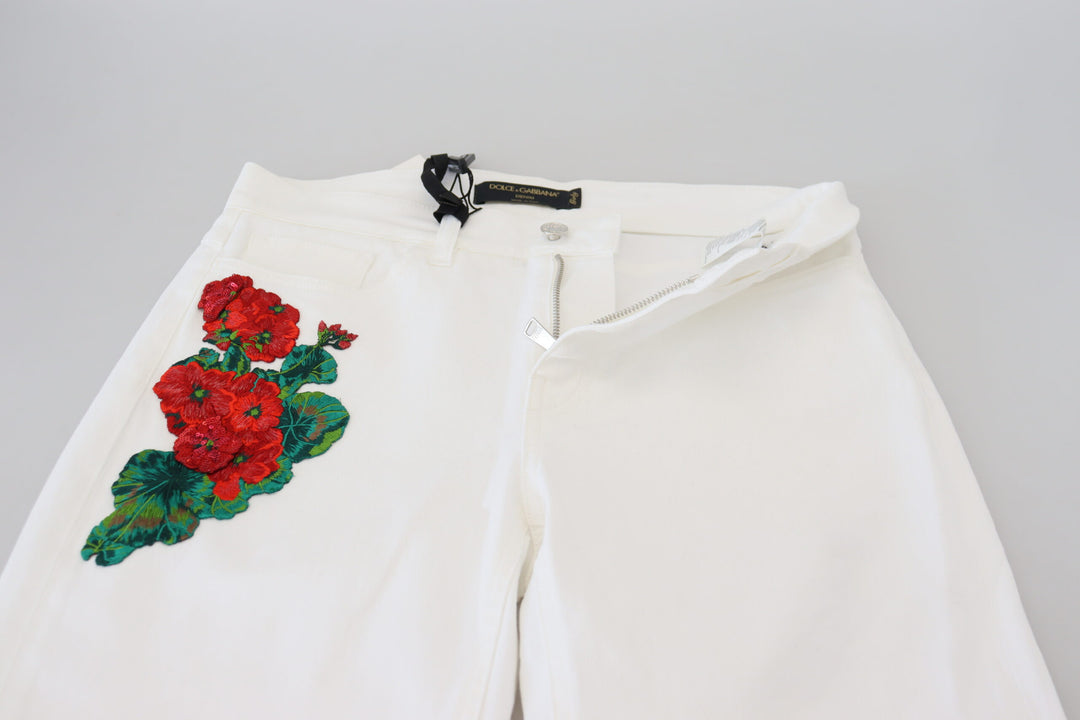 Weiße Skinny Denim-Jeans mit Blumenstickerei