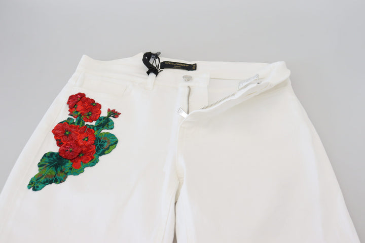 Weiße Skinny Denim-Jeans mit Blumenstickerei